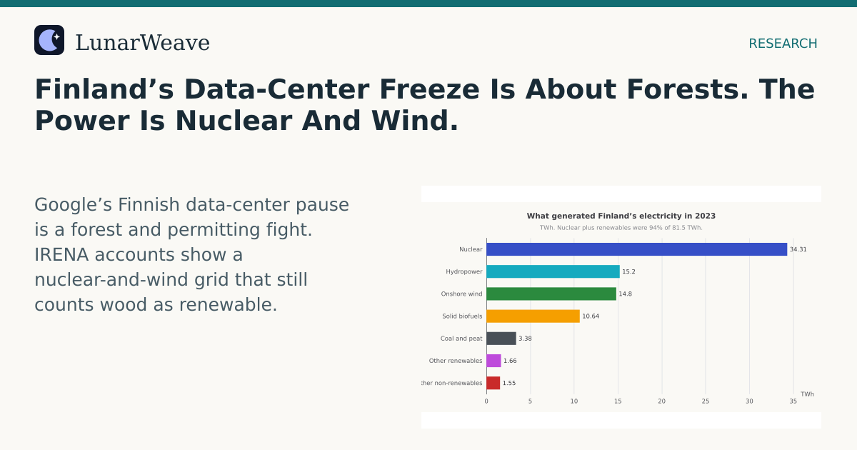 Social card preview: Finland’s Data-Center Freeze Is About Forests. The Power Is Nuclear And Wind.